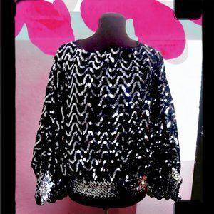 Vintage 80s Balloon Sleeve Sequin Top /1980s Silver, Black Party Cocktail Sweate